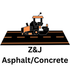 Orange and black asphalt roller on a section of paved road; "Z&J Asphalt/Concrete" text below.