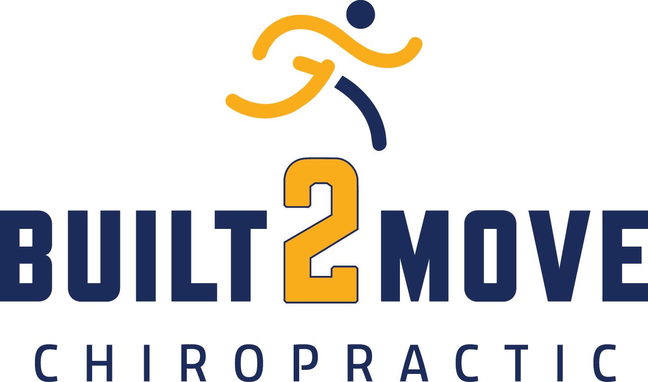 The logo for built 2 move chiropractic shows a person running.