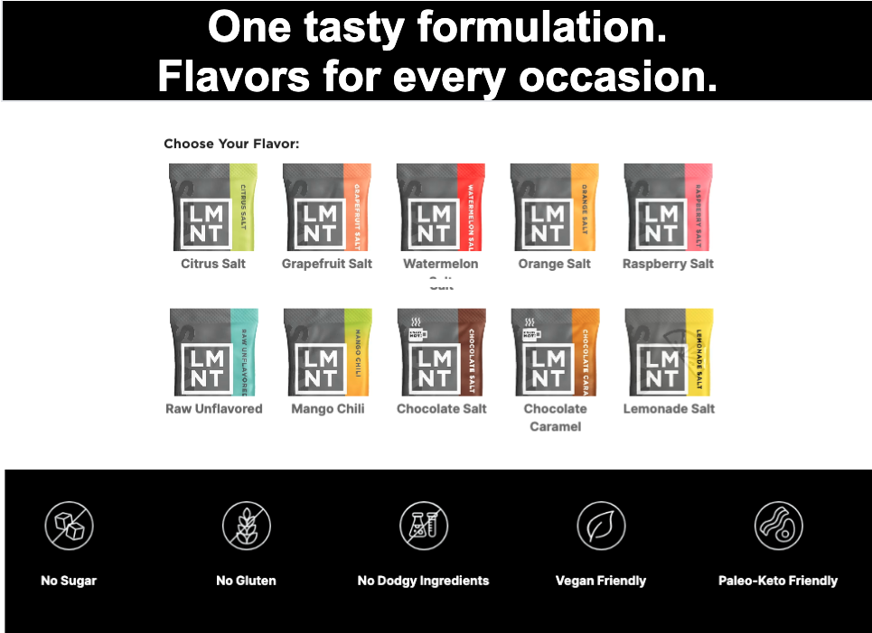 Variety of electrolyte salt packets in different flavors, labeled with icons for dietary restrictions.