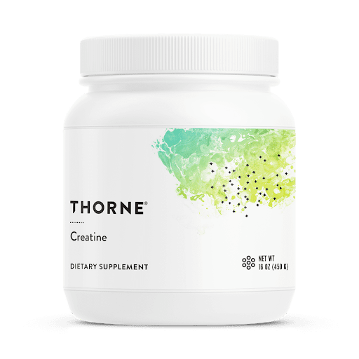 White Thorne Creatine supplement container with green and blue abstract design.