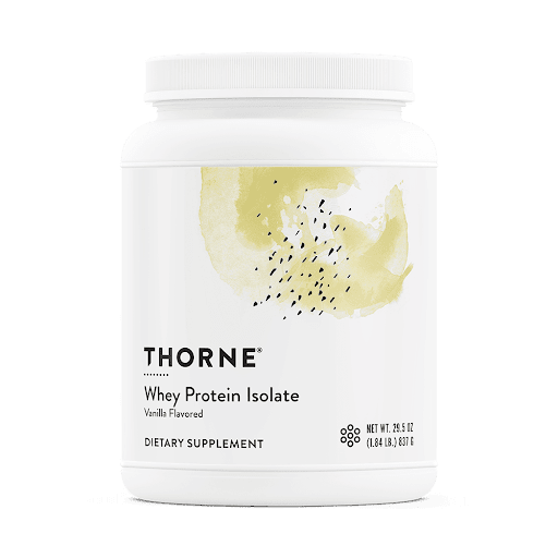 White container of Thorne Whey Protein Isolate, vanilla flavored, with yellow watercolor design and black specks.