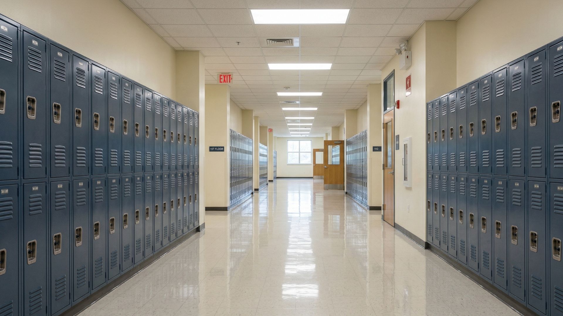 A long, bright school hallway lined with rows of grey metal lockers on both sides, ending in a doorway with natural light.