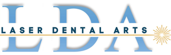 Logo for Laser Dental Arts, featuring light blue "LDA" over text "LASER DENTAL ARTS." A golden line with sunburst.