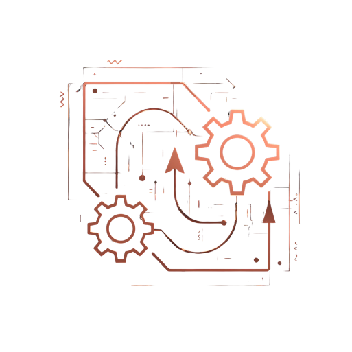 Copper line-art gears connected by a looping arrow representing automation and structured business systems.