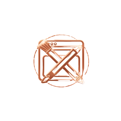 Copper line-art icon of a webpage outline with a pencil and paintbrush symbolizing website tools and creative assets.