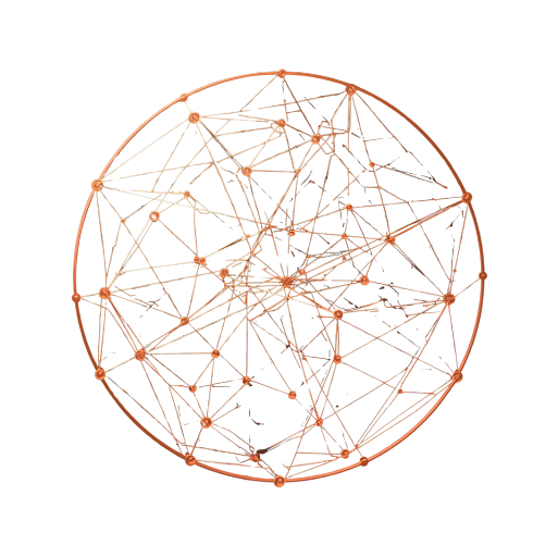 Copper line-art icon of interconnected nodes forming an AI network representing AI and content creation tools.