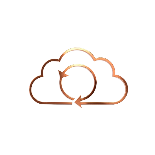 Copper line-art icon of a cloud with an upward arrow symbolizing backup and secure data storage.
