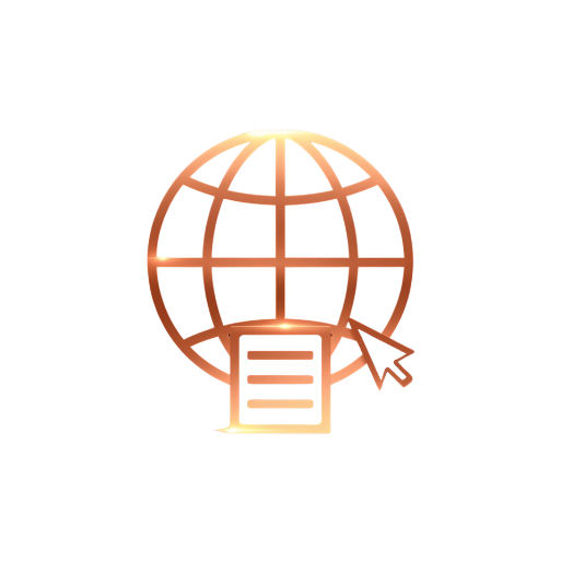 Copper line-art icon of a globe, cursor, and server stack representing domains and hosting services.