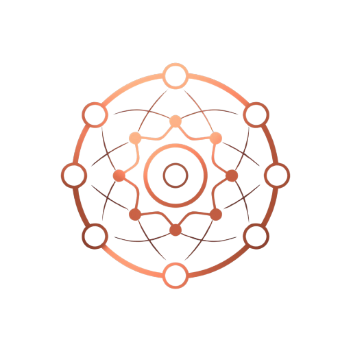 Copper line-art icon of a central hub and nodes symbolizing AI systems and automated operations.
