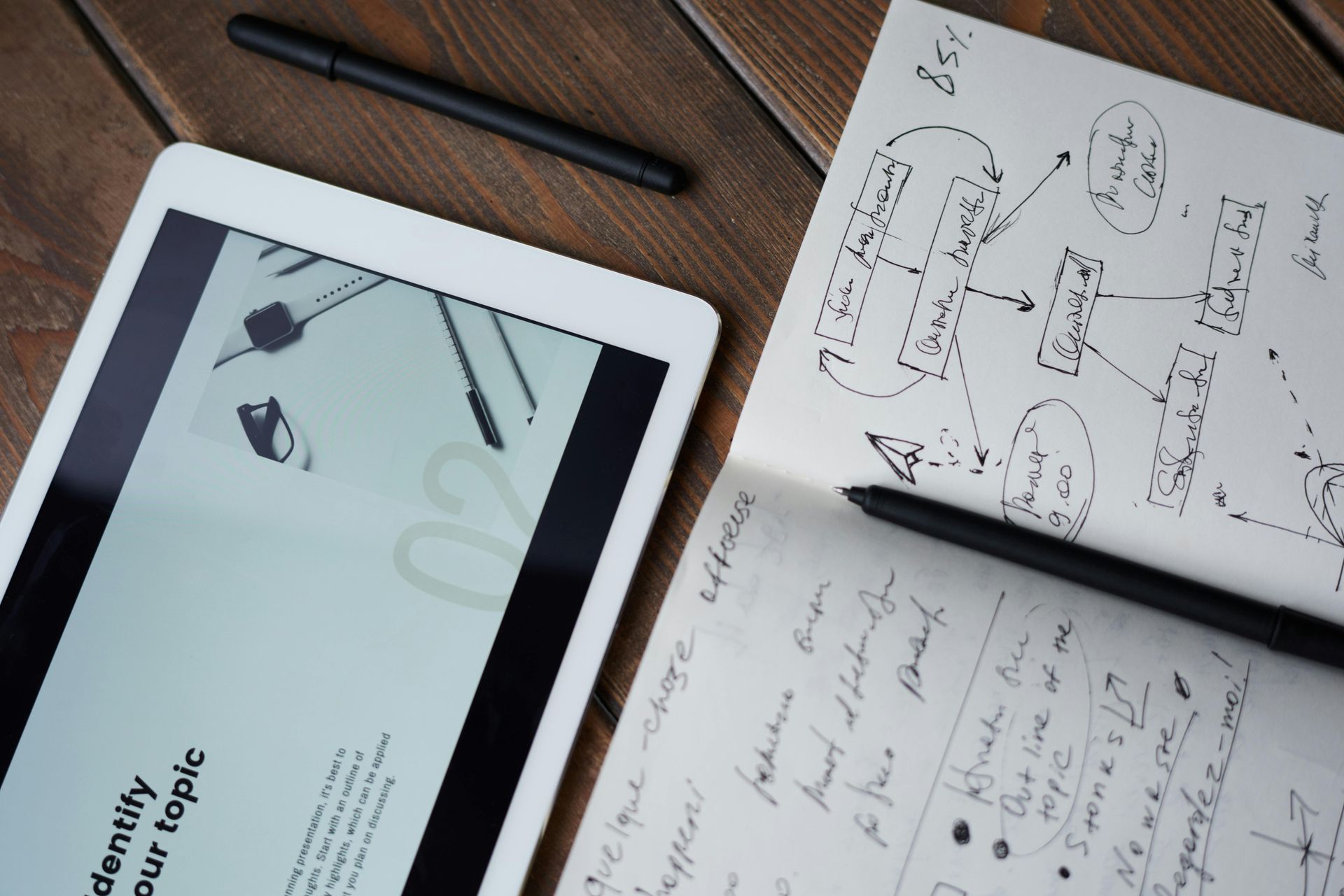 A tablet and a notebook are on a wooden table