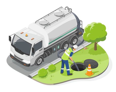 An isometric illustration of a manhole cover being cleaned by a truck.