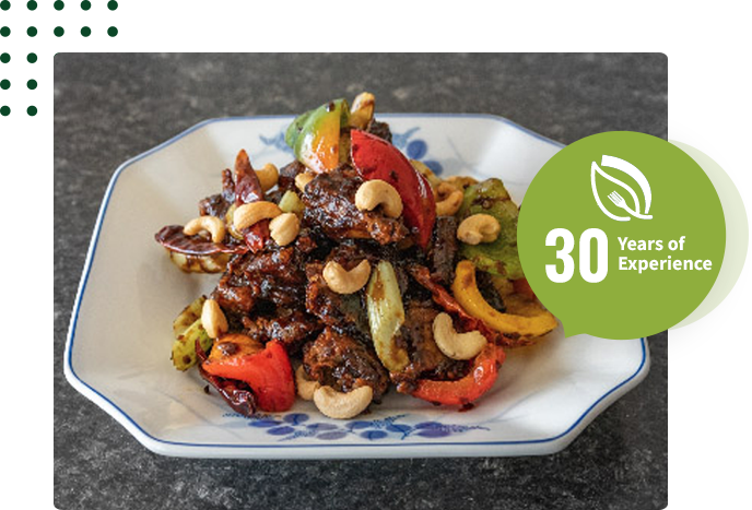 Stir-fry with cashews and bell peppers on a blue and white patterned plate; green circle with
