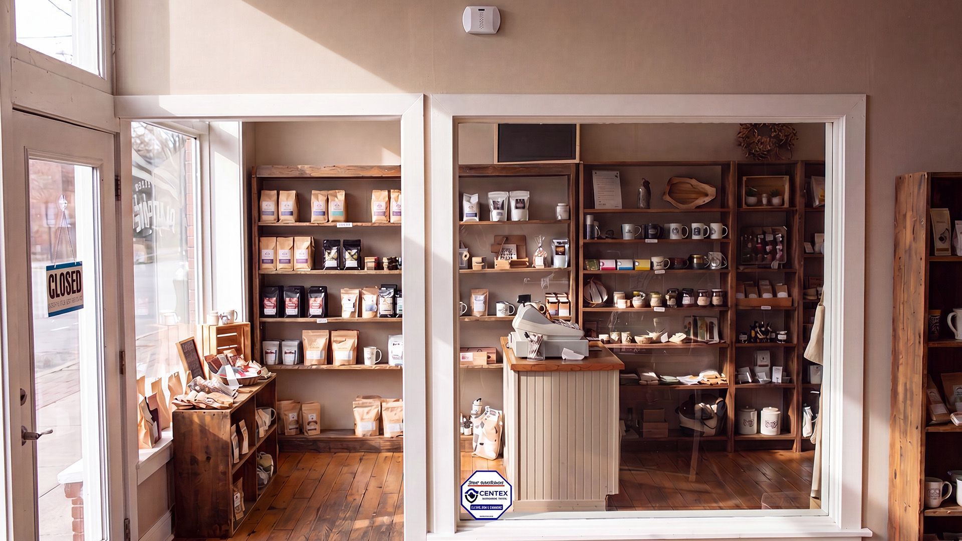 Small storefront with shelves of products and a counter, viewed through a large glass window.