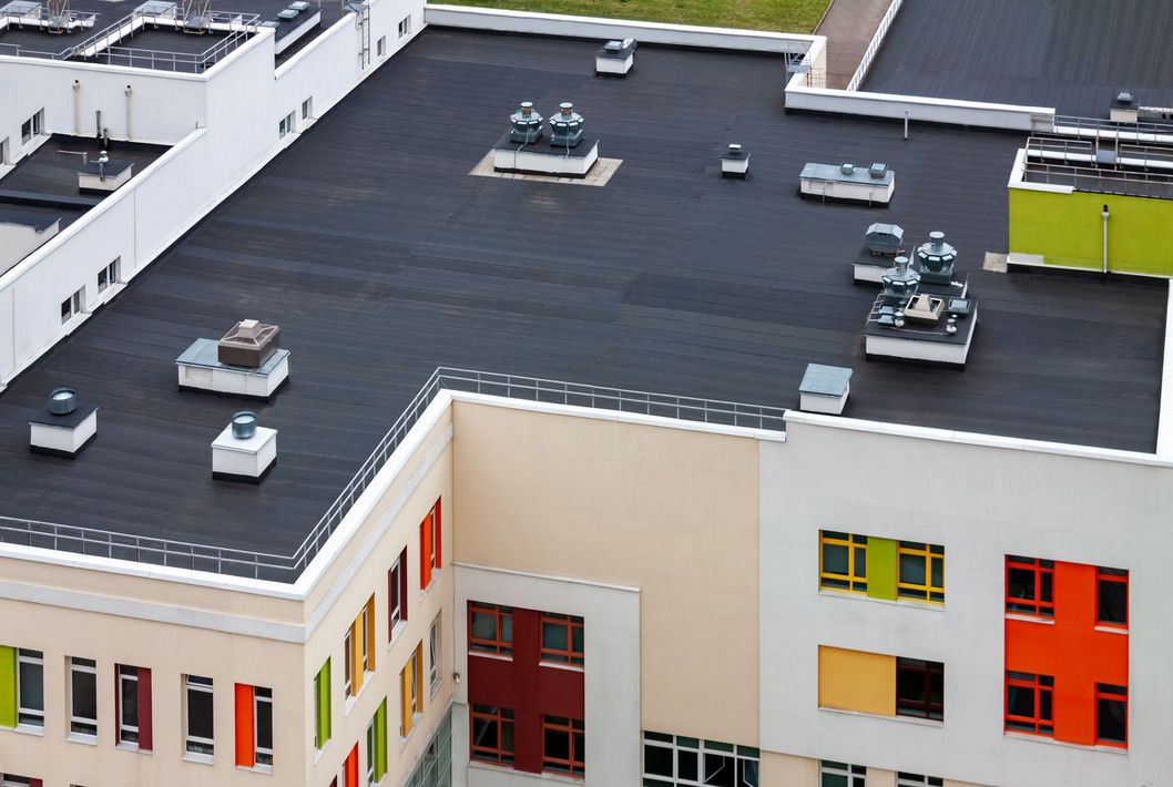 An aerial view of the roof of a building