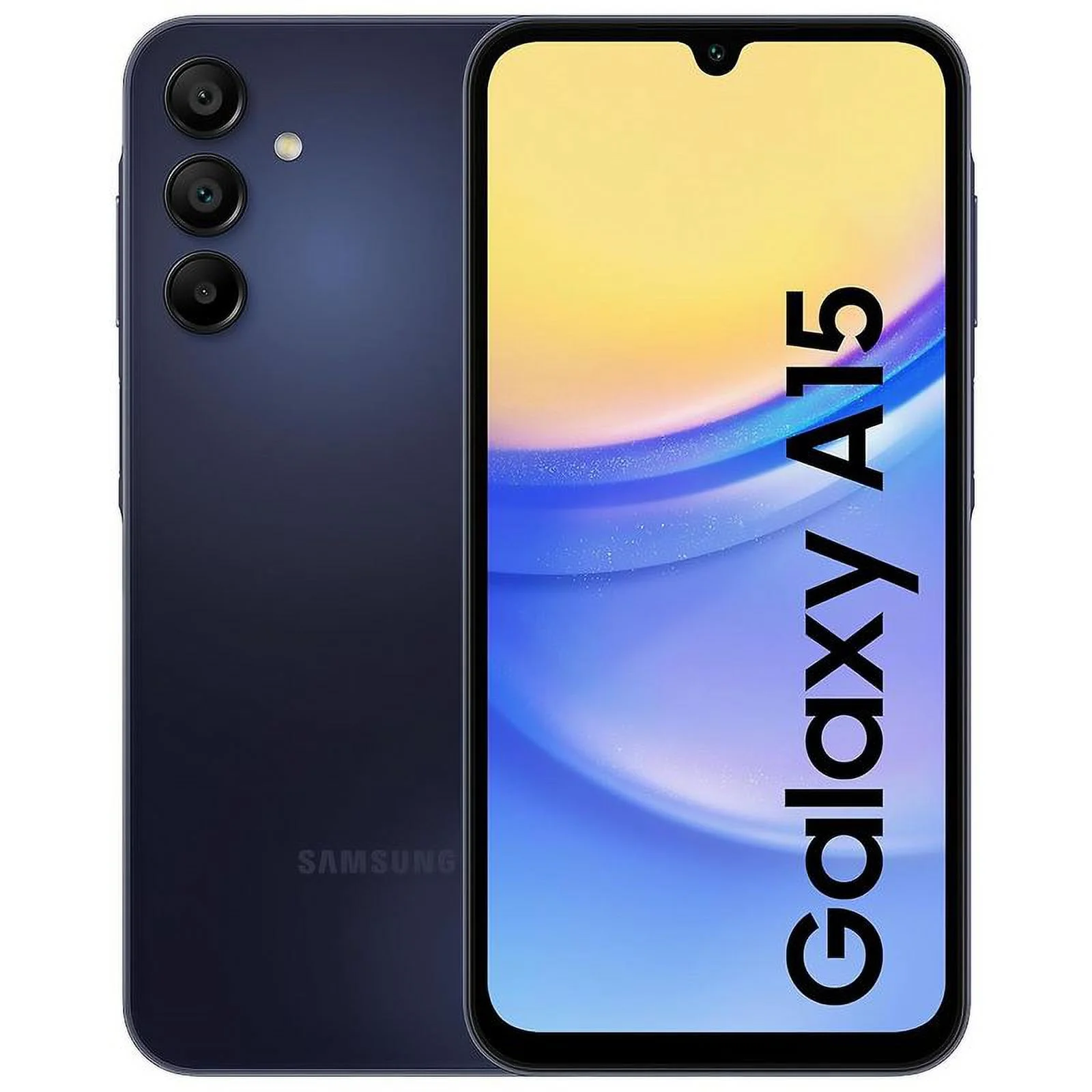 Teléfono inteligente Samsung Galaxy A15, pantalla frontal y trasera de color azul que muestra el texto