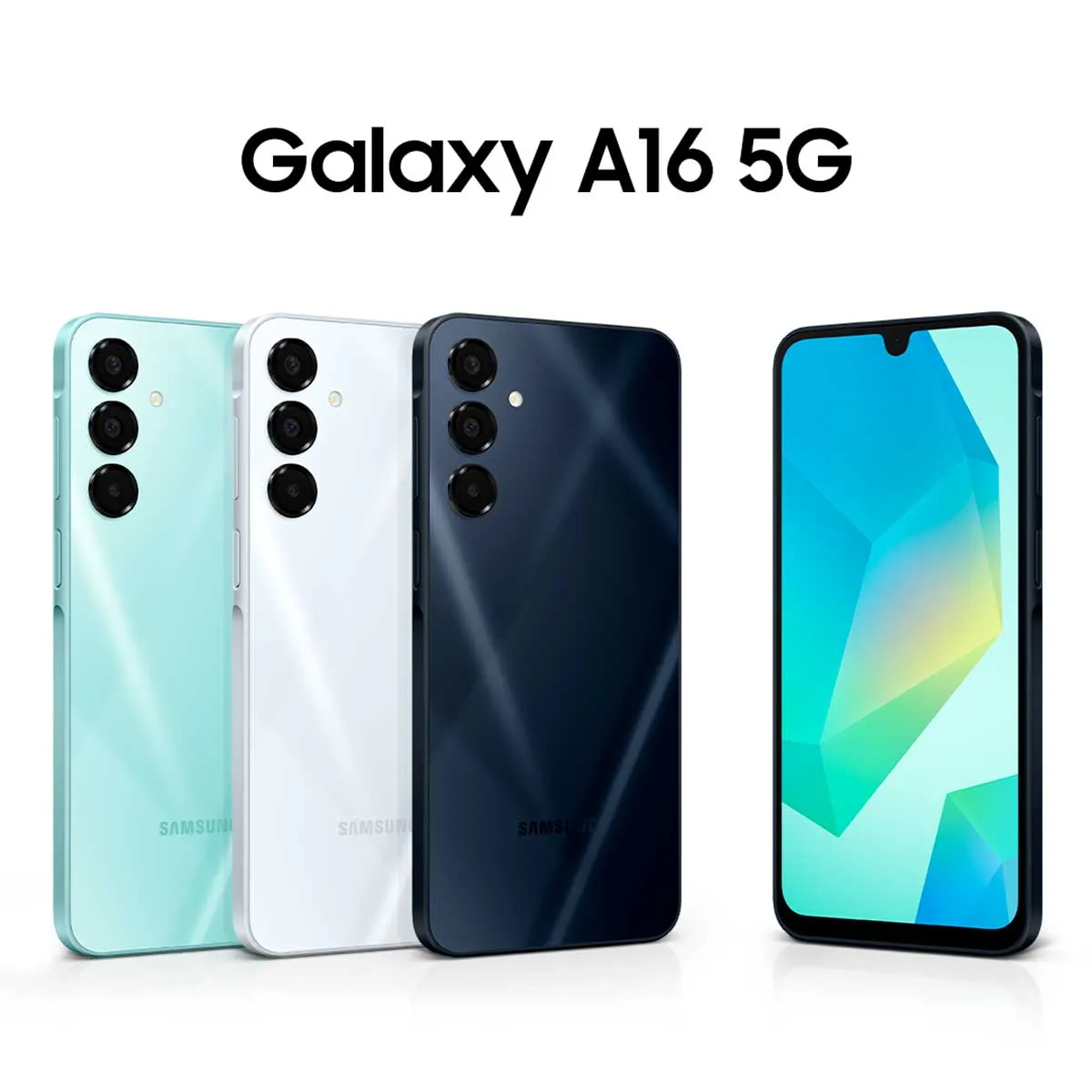 Smartphones Samsung Galaxy A16 5G en color menta, blanco y azul marino, con una pantalla que muestra un diseño geométrico.