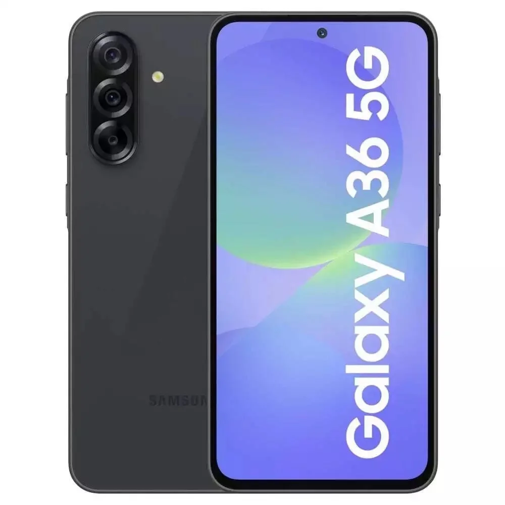 Teléfono inteligente Samsung Galaxy A36 5G en color gris, con tres cámaras traseras