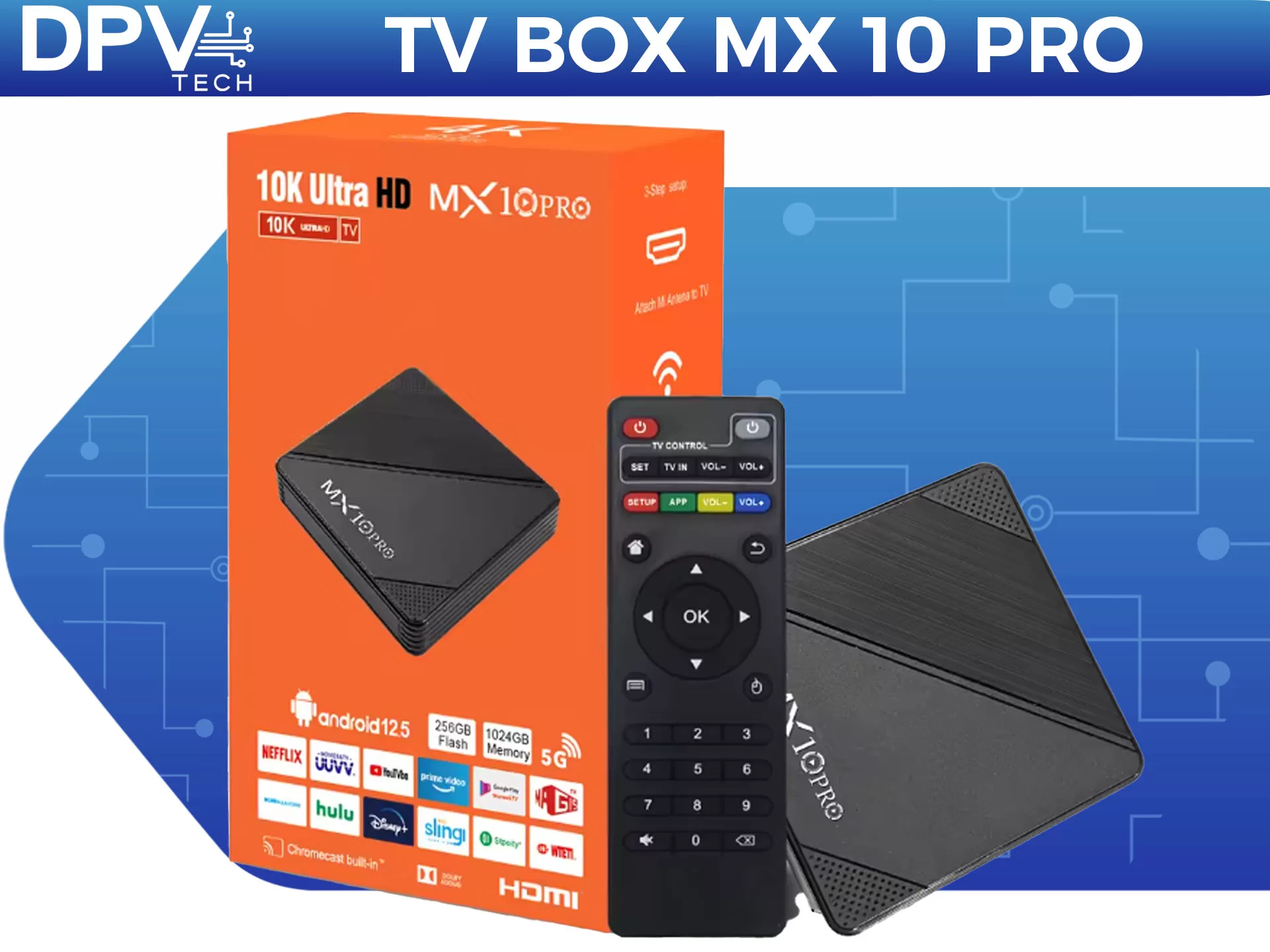 TV Box MX10 Pro con caja, control remoto y dos reproductores multimedia negros sobre fondo azul. La caja dice