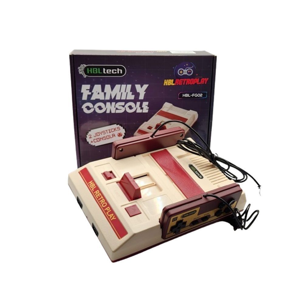 Consola de juegos retro con dos mandos, color beige y rojo, con caja en el fondo.