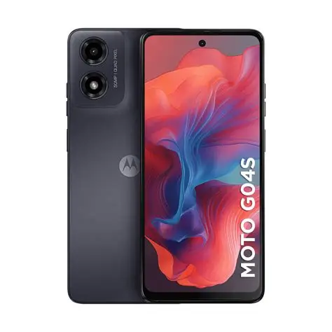 Teléfono Motorola Moto G04s, azul oscuro con cámara dual, pantalla frontal muestra arte abstracto colorido.