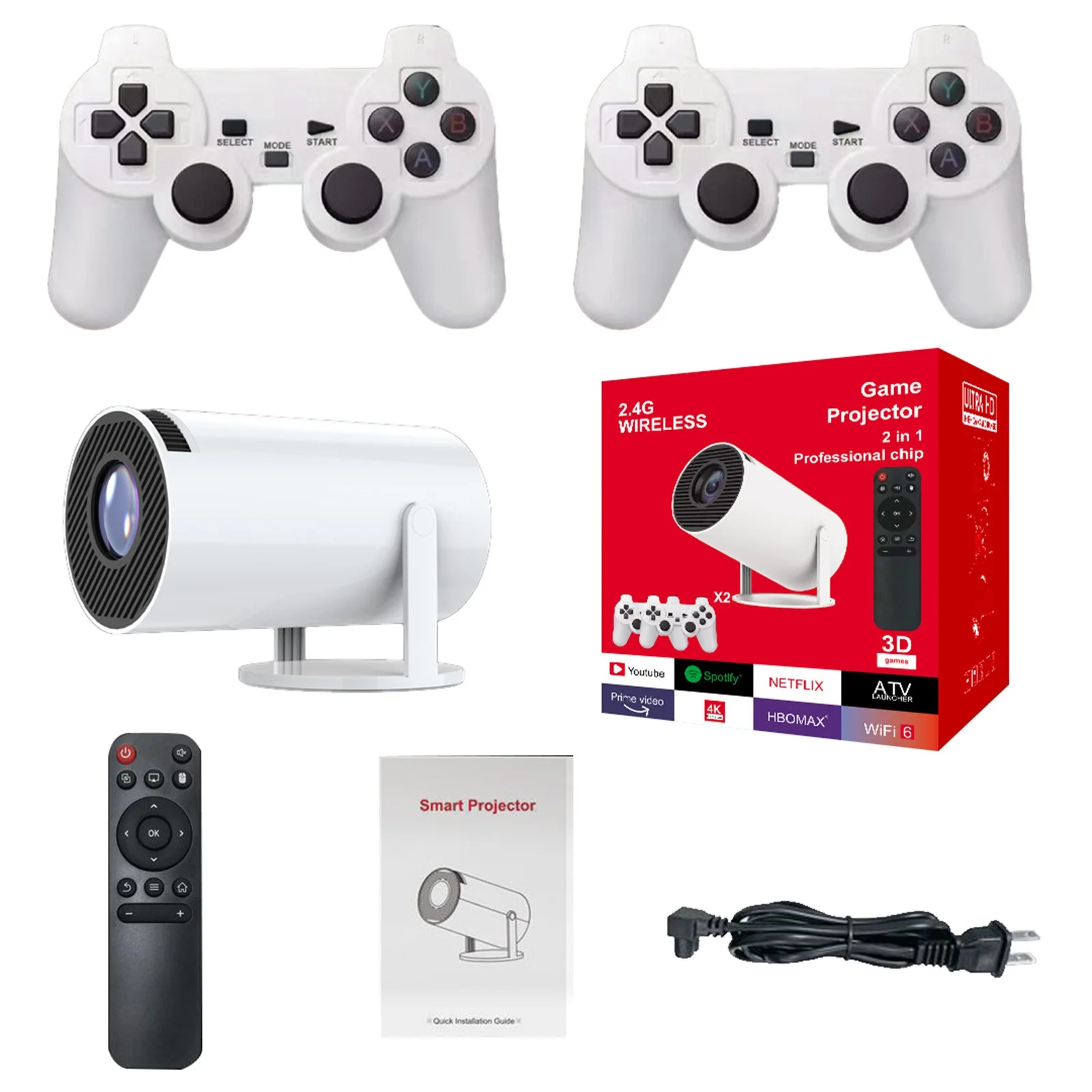 Proyector blanco, dos controladores de juego, caja, control remoto, manual y cable de alimentación.