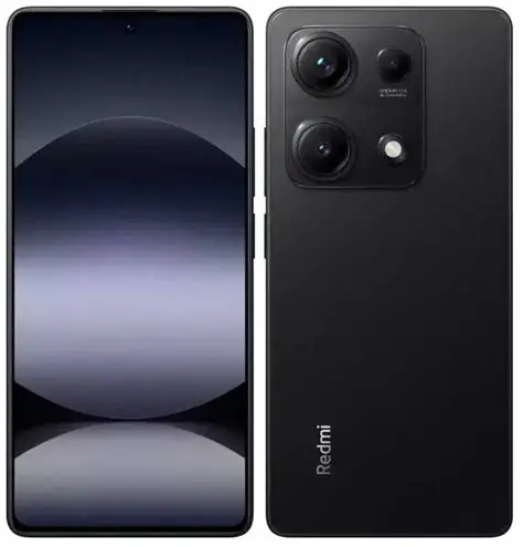 Smartphone negro, vista frontal y trasera. La pantalla frontal muestra un gráfico oscuro y curvo.