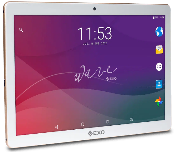 Tableta dorada con la hora 11:53 en pantalla. Se ven el logo de