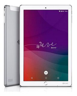 Tableta plateada con bisel blanco, que muestra una pantalla con degradado de color; sobre un fondo blanco.