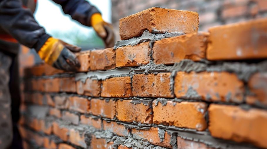 Bricklayer stacking orange bricks with mortar on a wall at a construction site