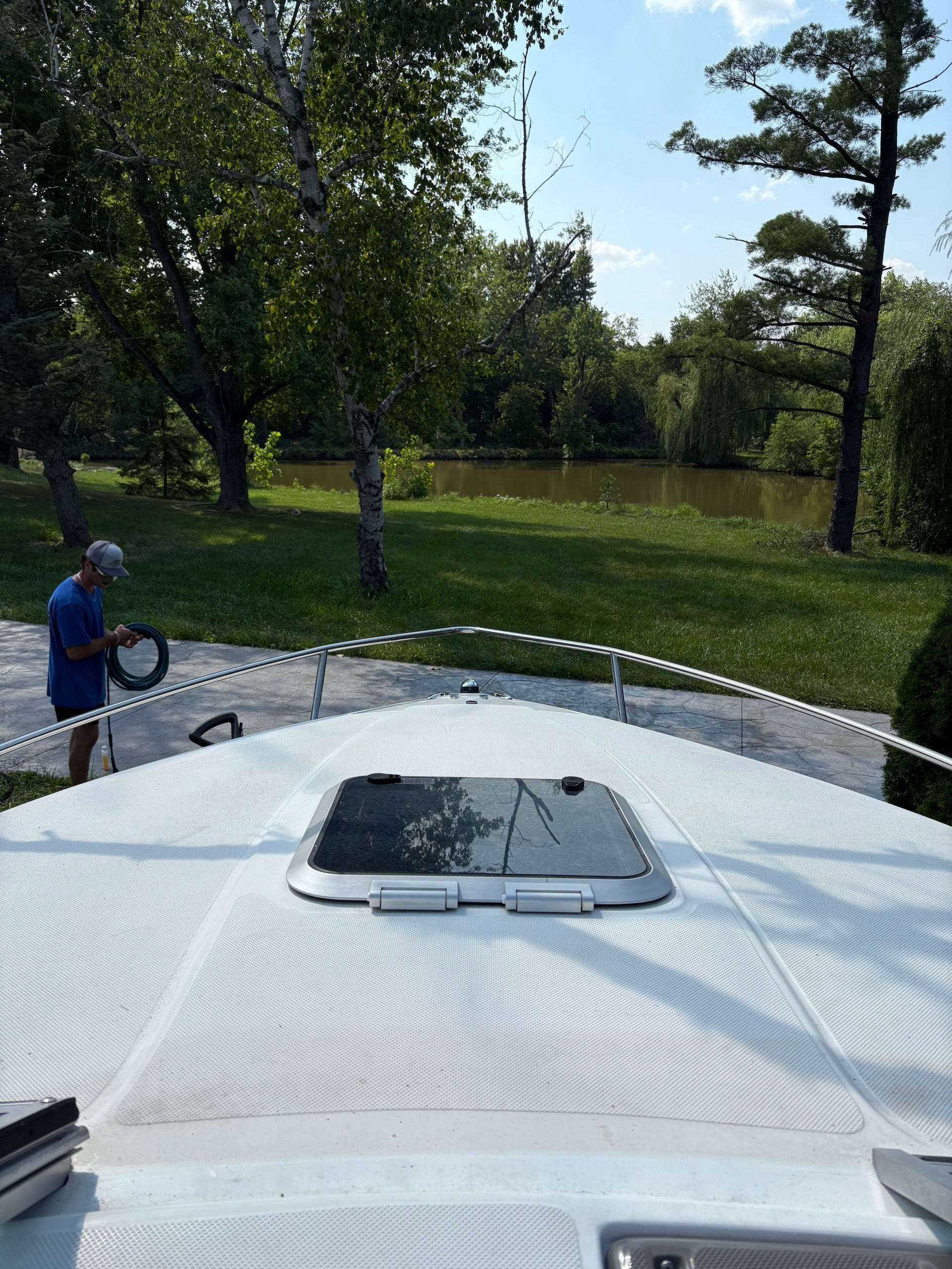 Boat bow detailing and fiberglass polishing in Lake Villa IL by Captain Coles Detailing.