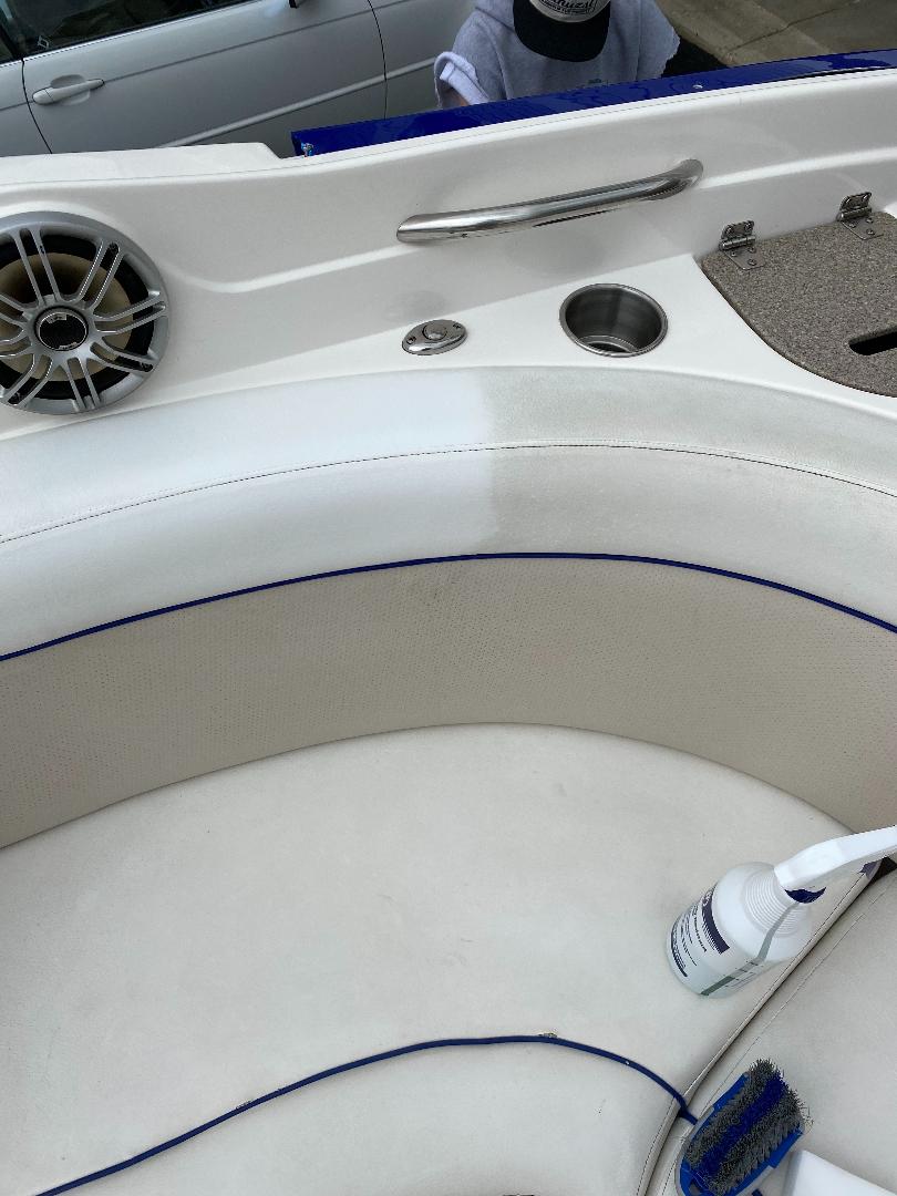 Boat vinyl restoration before and after — mobile marine detailing in Spring Grove IL by Captain Coles Detailing.