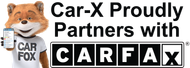 Car-X fox mascot holding a phone, and Car-X partners with Carfax.