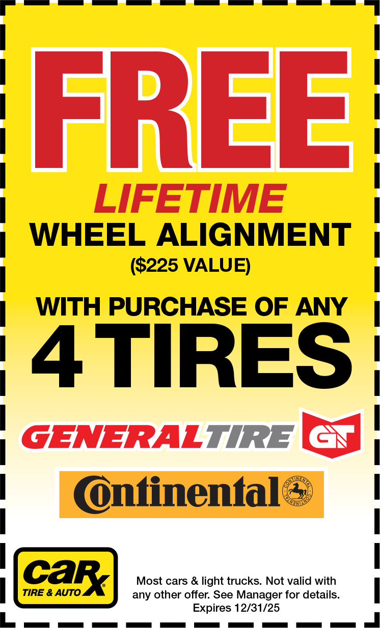 Advertisement offering free lifetime wheel alignment ($225 value) with the purchase of four tires. Includes General Tire and Continental logos.