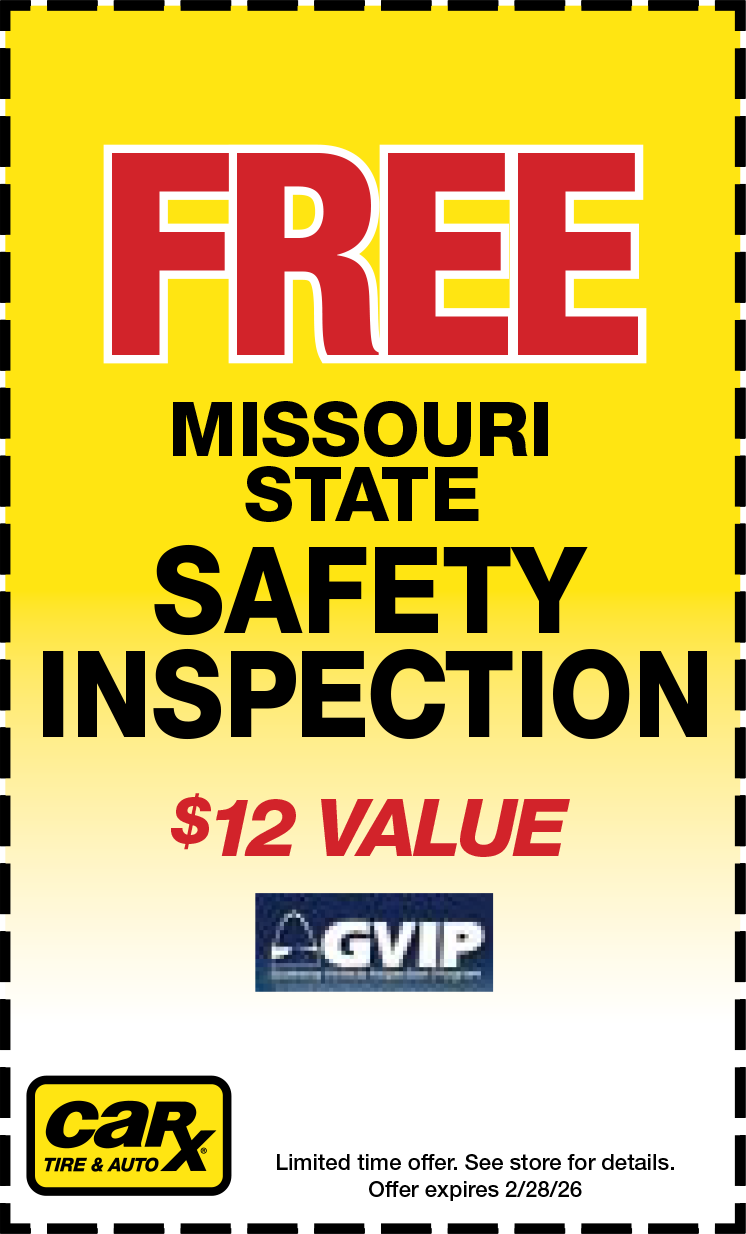 Advertisement for CarX Tire & Auto: Free Missouri state safety inspection, $12 value, yellow and red text.