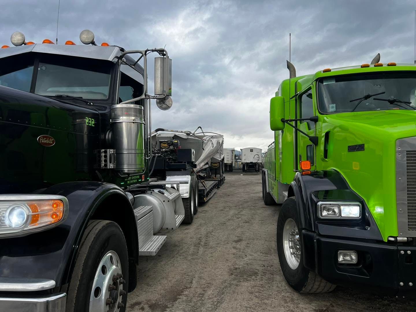 Two semi trucks, black and neon green, parked side by side on a gravel lot under cloudy skies.