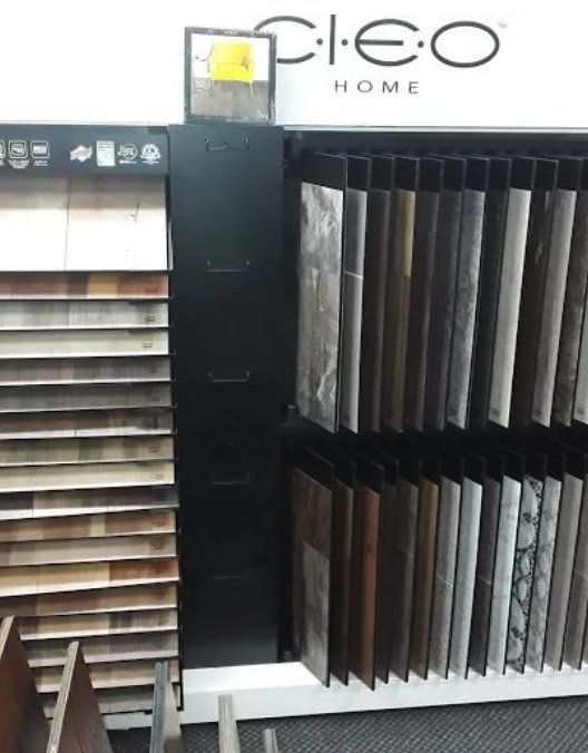 Tile display with samples in various colors and styles, labeled