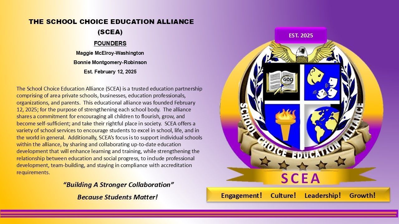 A purple and yellow logo for the school choice education alliance.