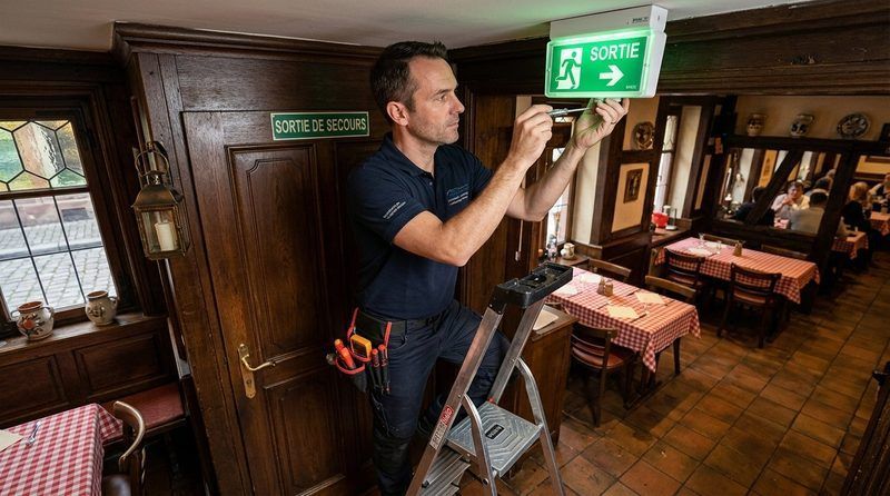 Technicien AT2O en maintenance d'un bloc autonome d'éclairage de sécurité dans un restaurant alsacien
