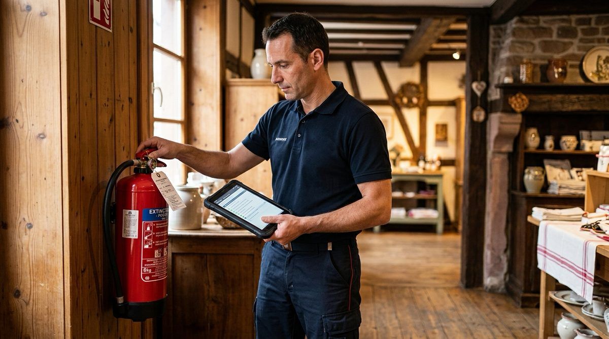Technicien AT2O vérifiant un extincteur dans un établissement recevant du public en Alsace