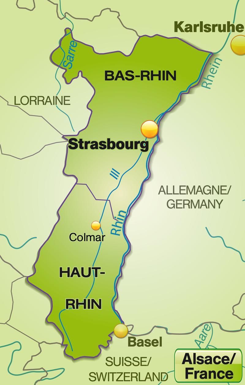 Carte de l’Alsace montrant le Bas-Rhin et le Haut-Rhin avec les villes de Strasbourg, Colmar et Mulhouse, zone d’intervention de l’entreprise de sécurité incendie AT2O.