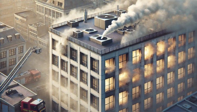 Bâtiment en feu avec un système de désenfumage en action, évacuant la fumée par des ouvertures sur la façade et le toit, facilitant l’intervention des secours.