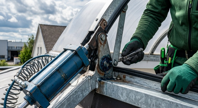Technicien AT2O effectuant la maintenance d'un mécanisme d'ouverture et d'un vérin pneumatique sur une trappe de désenfumage en Alsace
