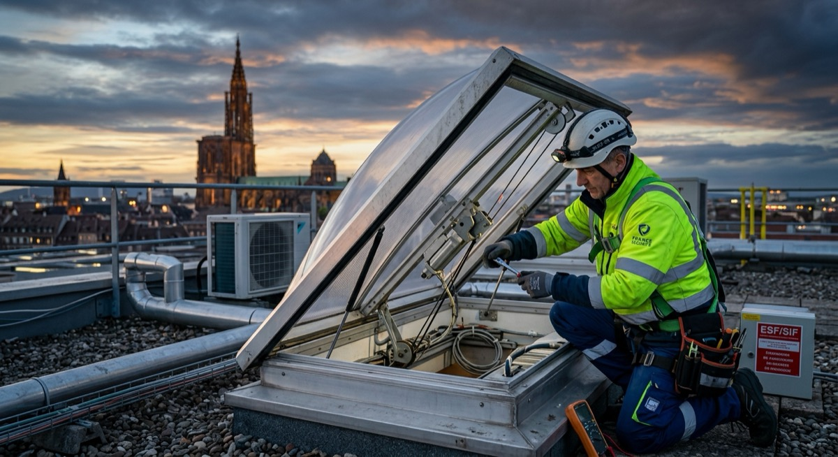 Technicien AT2O en intervention réparation sur un système de désenfumage (skydome) sur une toiture