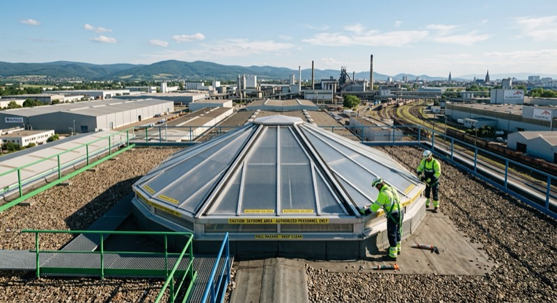 Exutoire de fumée (skydome) installé sur une toiture industrielle en Alsace, inspection de l'étanchéité et de la sécurité