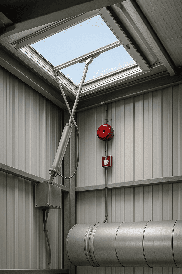Système de désenfumage installé dans un bâtiment professionnel avec trappe motorisée et alarme incendie murale.