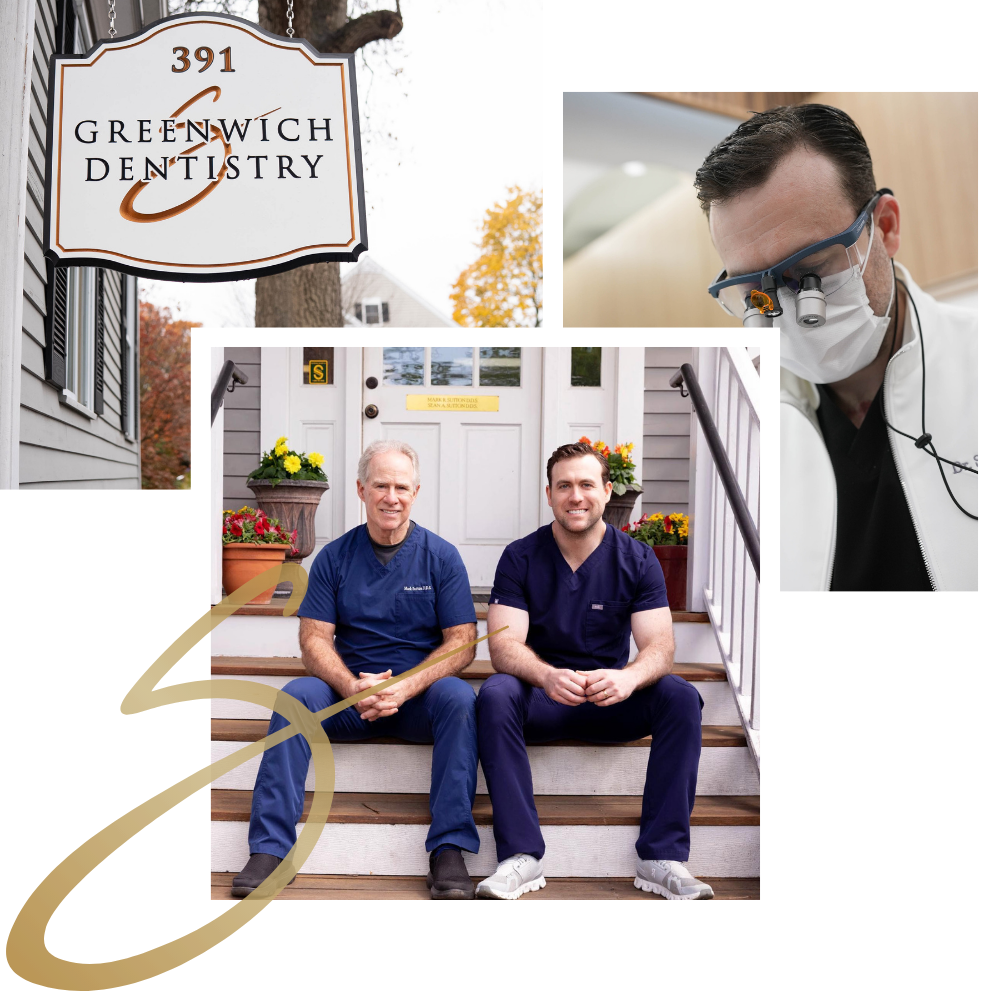Two men are posing for a picture in front of a greenwich dentistry sign