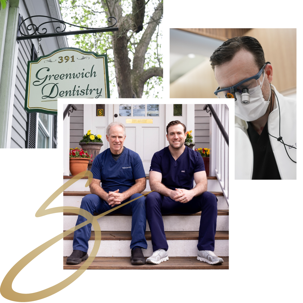 Two men are posing for a picture in front of a greenwich dentistry sign