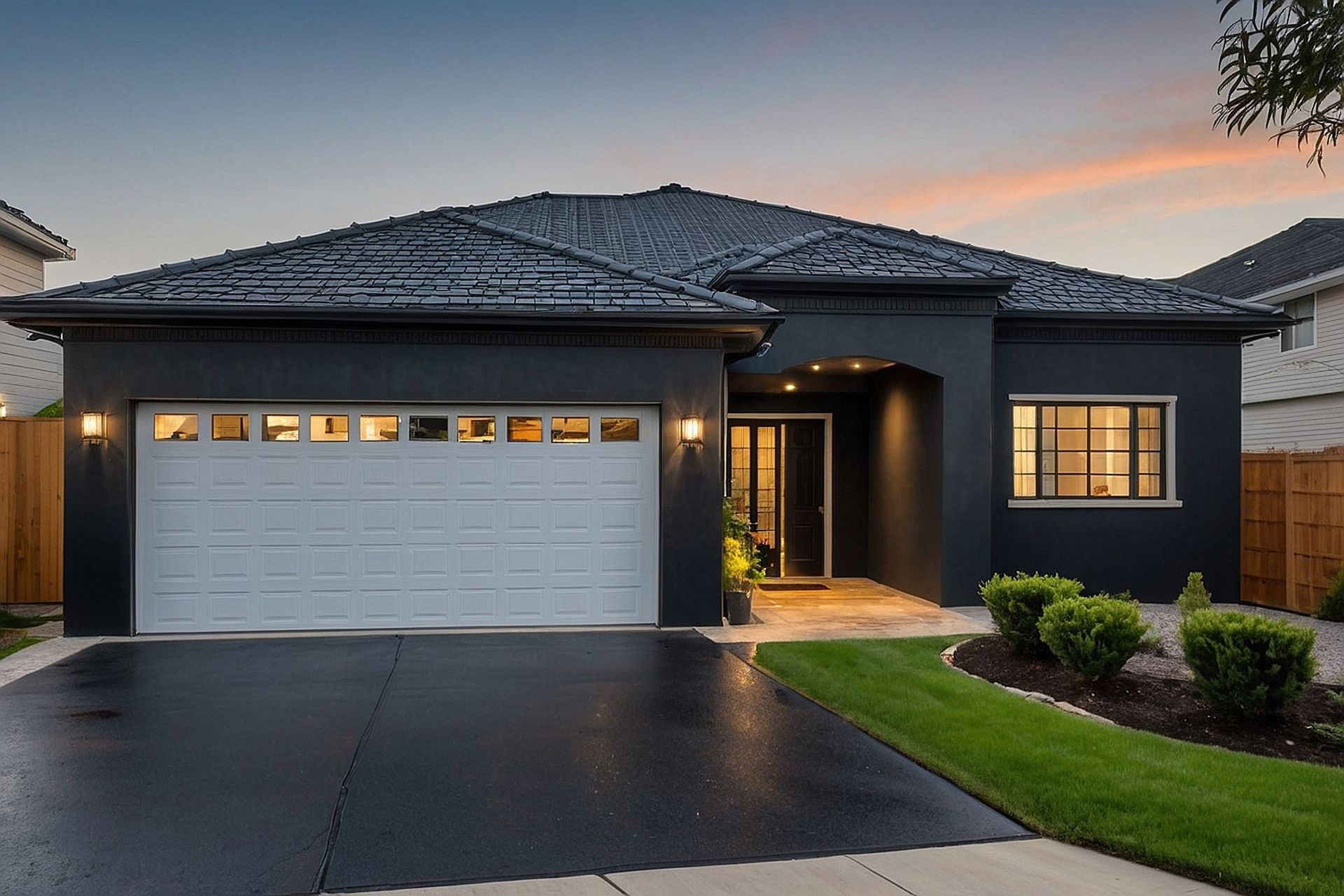 Modern single-story house with dark grey exterior, white garage door, and a manicured lawn at sunset.