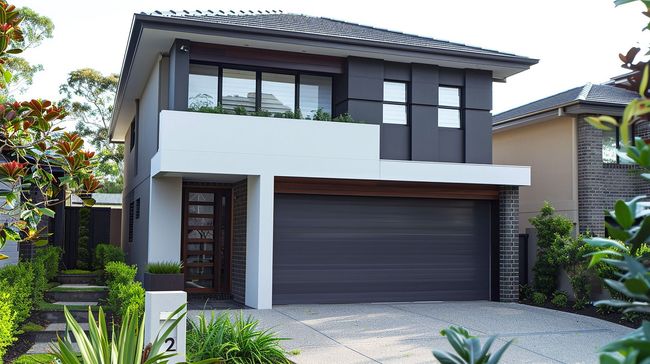 Modern two-story suburban home with a dark gray facade, white accent wall, and a double garage.