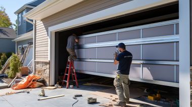 Two technicians install a garage door on a sunny day.